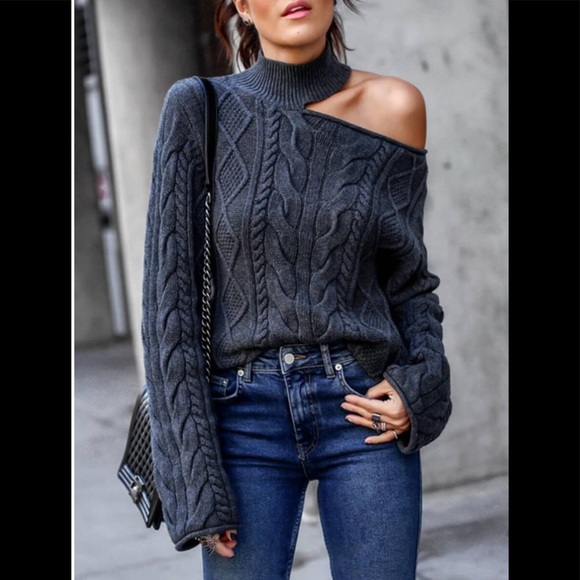 🍷Sexy Choker Style Collar Off Shoulder Greyish Blue Knitted Sweater - Picture 3 of 4